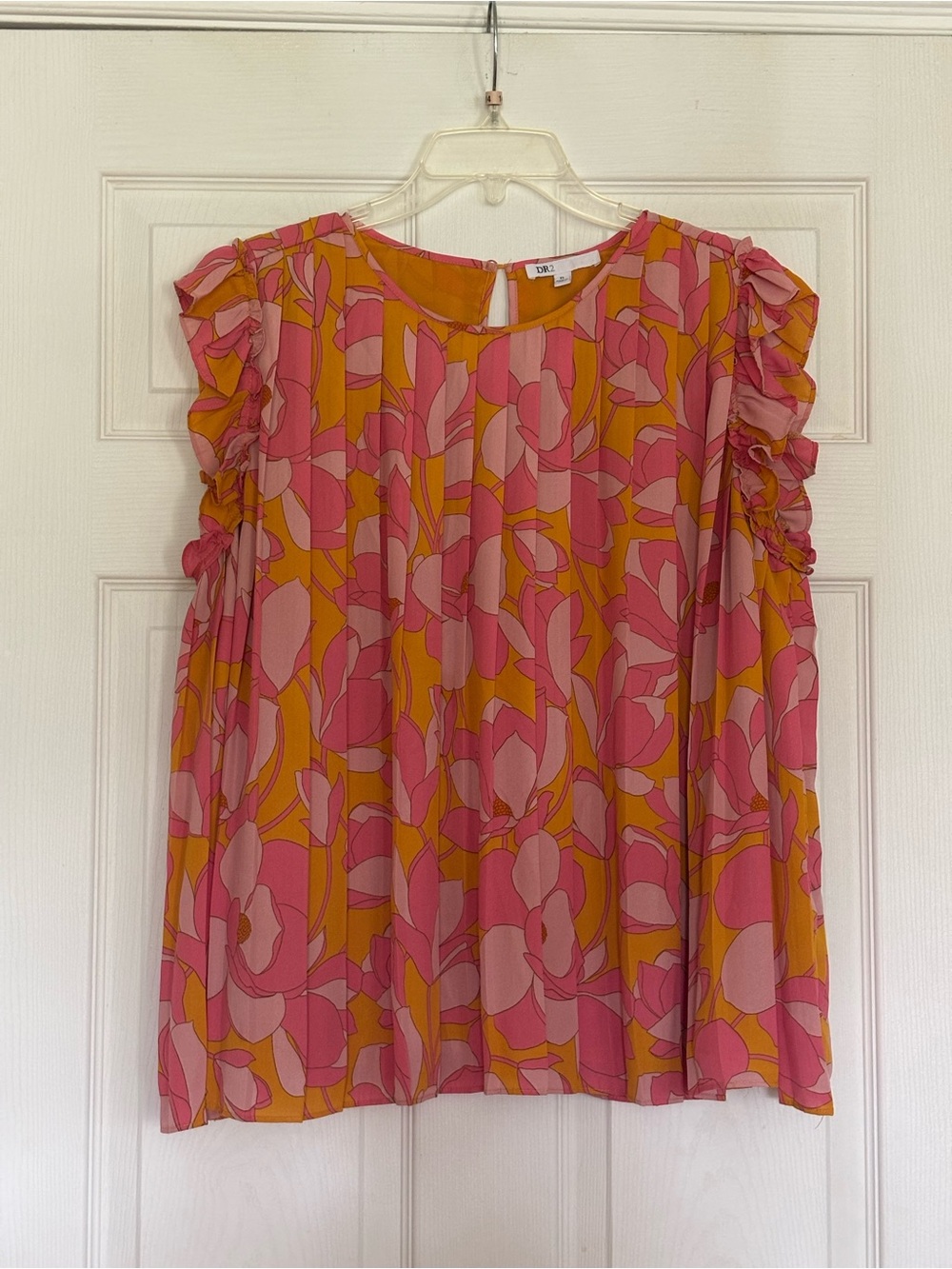 DR2 Pink and Mustard Floral Ruffle Sleeve Blouse